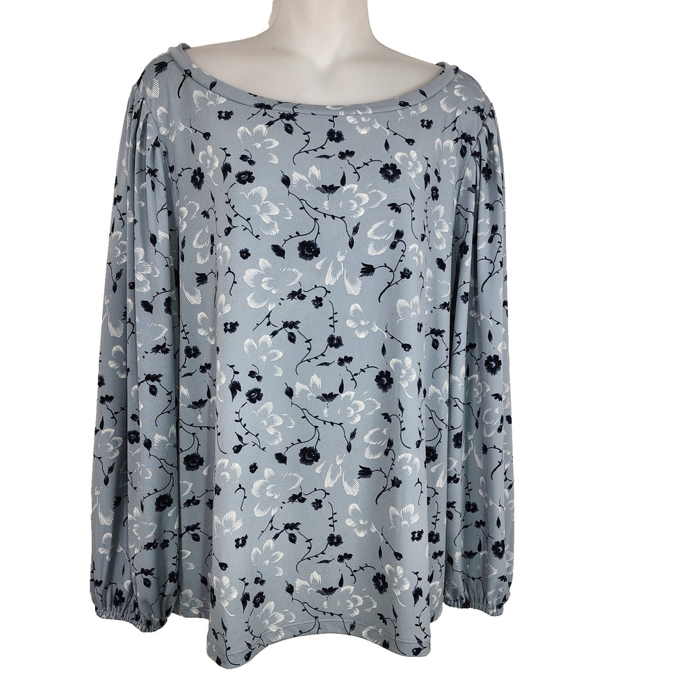 Ann Taylor Women Blouse Large Gray Floral Pullover Long Sleeve Pleated Career